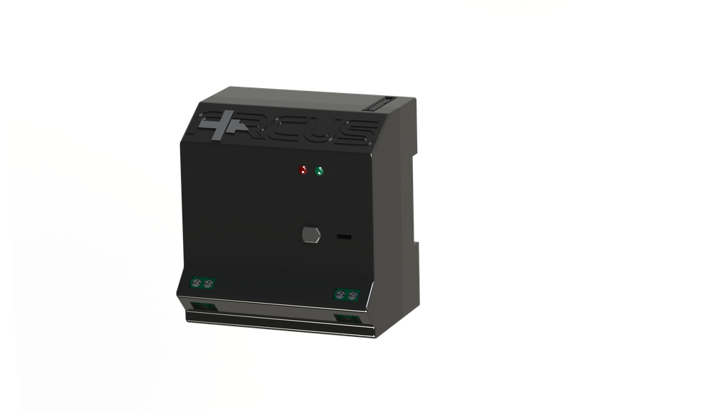 Arcus SmartBuffer: kare biçimli siyah DIN ray kutusu; üst yüzüne Arcus adı işlenmiş, bir kırmızı ve bir yeşil durum lambası, tek bir ön buton ve alt kenarı boyunca yeşil vidalı klemensler.